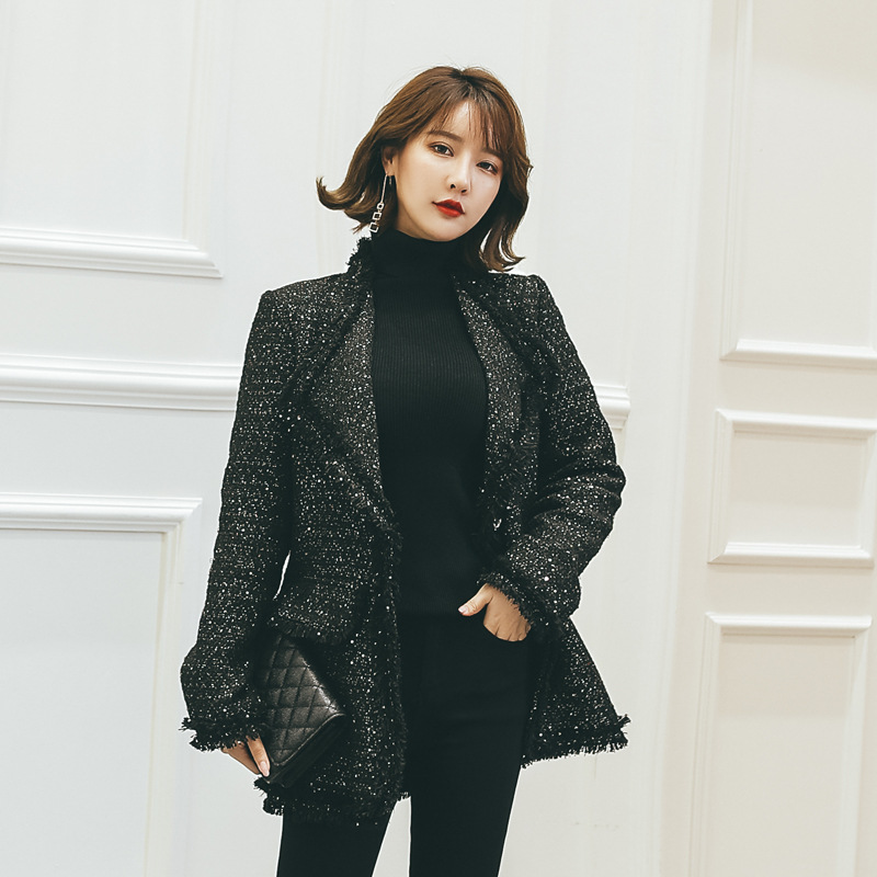 

2020 Spring Winter Runway Brand Sequin Coat Ladies Singer Button Korean Style 5XL Casual Coat Women Sheer Plus Size Women Coats, Black
