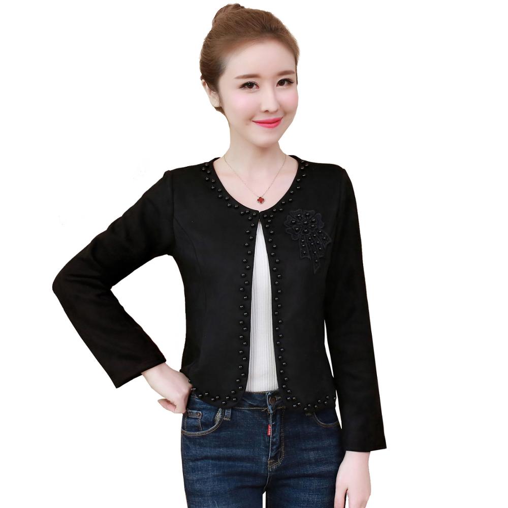 

New Women Spring Suede Short Coat Ladies Beaded Fashion Korean Wild Solid O-neck Long Sleeve Female Suit Jacket Blazer Feminino, Pink