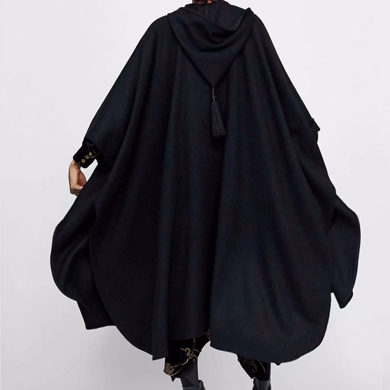 

Winter Cloak Hooded Trench Coat Thick Woolen Women Gothic Cape Poncho Coat Open Cardigans Female Tassel Long Trench Overcoat, Black