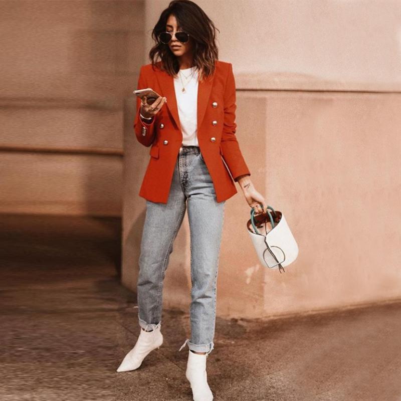 

Women' Autumn Red Double Breasted Blazer Jacket Office Ladies Long Sleeve Notched Blazers 2020 Spring Elegant Outwear Female