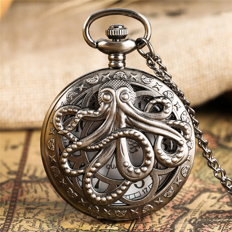 

Retro Octopus Hollow Half Hunter Quartz Pocket Watch Vintage Grey/Bronze Necklace Pendant Chain for Kids Men Women reloj, Gray