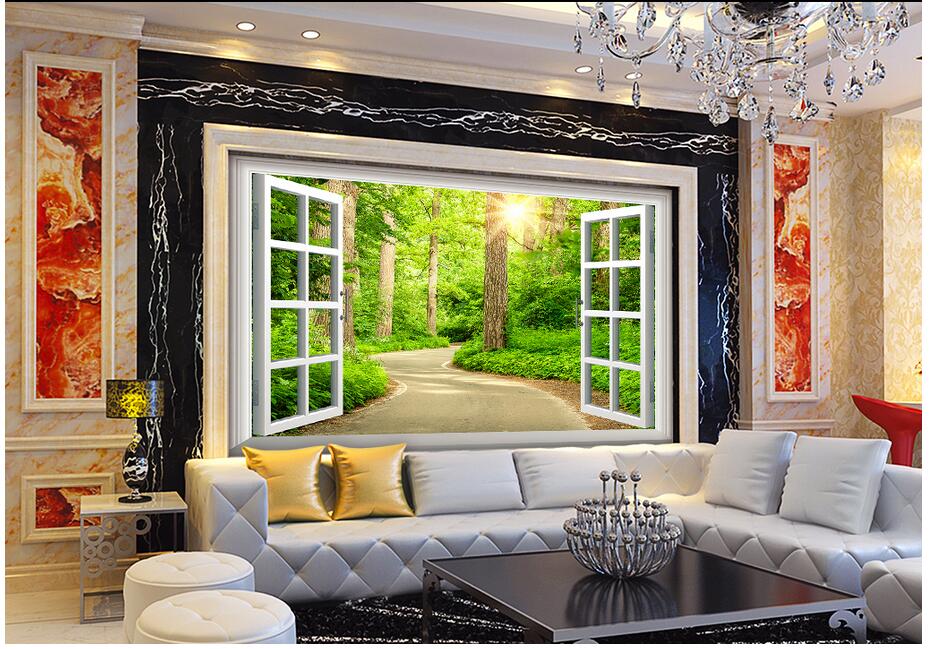 

custom photo mural 3d wallpaper Window forest path scenery background living room home decor 3d wall murals wallpaper for walls 3 d, Non-woven