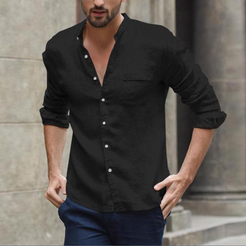 

Men Tops Plus Size Buttons Down Loose Solid Color Stand Collar Casual Holiday Party Office Work Long Sleeve Shirts, White