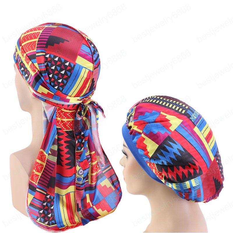 

New Men African pattern print silky durag and bonnet 2pcs set women ankara bonnet cap Men Long Tail Durags Wave Cap Sleep Cap, Mixed color