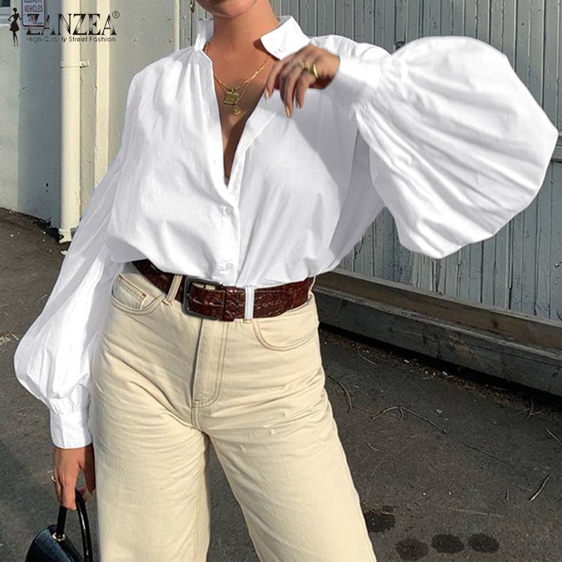 

Blusas Top 2020 ZANZEA Spring Solid Work Blouse Fashion Lapel Party Tunic Tops Women Casual Long Puff Sleeve Shirts Female, Black