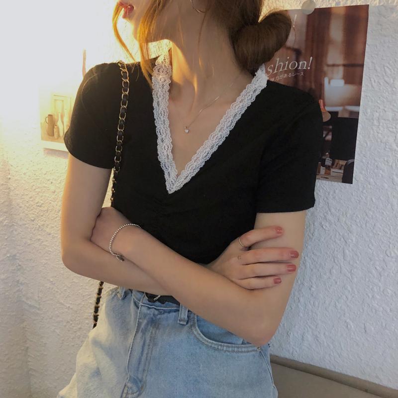

Lace Black Short Sleeve V-neck T-shirt 2020 Summer Korean Version of Cultivate One's Morality Short Base Shirt Women