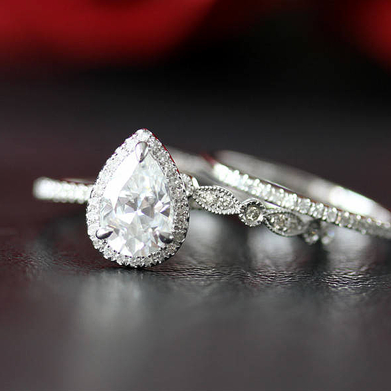 

1.5ct 9X6mm Pear Cut Engagement & Wedding Band 14K White Gold Set Anniversary Halo Ring S200110