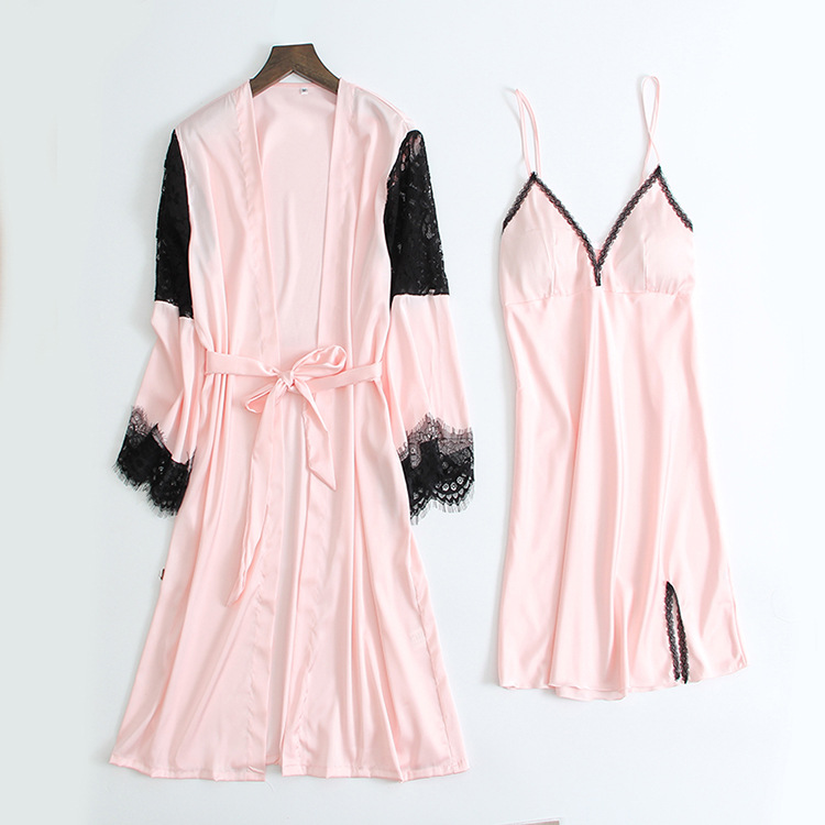 

Women's Summer Nightgown Two-Piece Thin Ice Silk Mid-Length Sexy V-neck Soft Touch Bathrob, Black