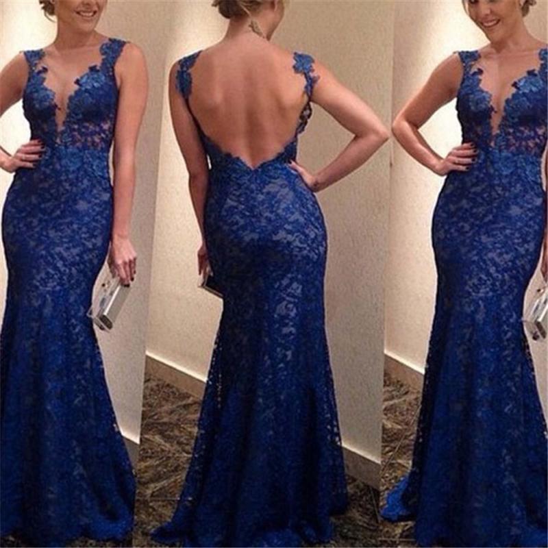 

Sexy Women Backless Straps Deep Blue vestidos Mermaid Lace V-Neck Party Dresses Solid Lace Fashion Sleeveless Long Dress, As pic