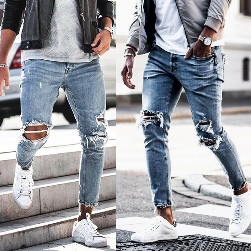 

Spring and fall Skinny man Wear Destroyed Ripped Hole Hip hop Broken male Pencil Biker Jeans T200608, Blue