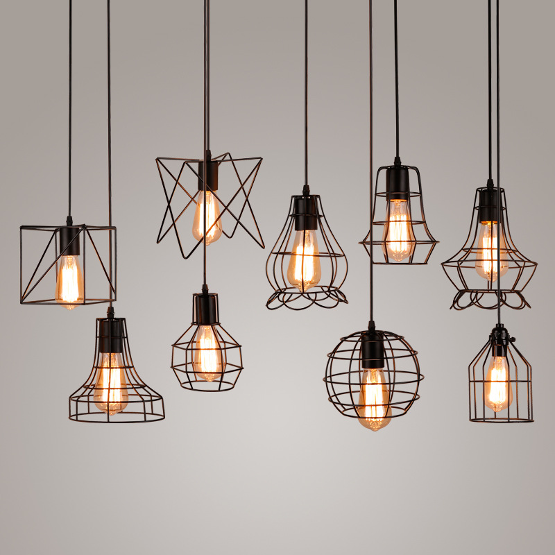 

Vintage Iron Pendant Light Cage Hanging Lamp Retro E27 Pyramid Lighting for Restaurant Coffee Bar Living Room
