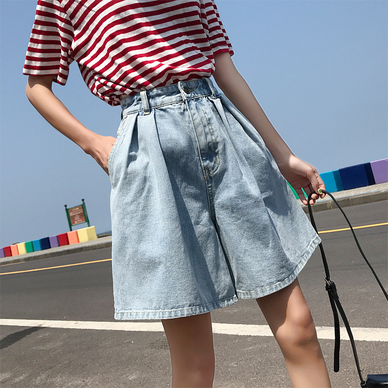 

new arrival fashion women denim shorts casual street vintage high waist jeans summer loose simple wild a-line jeans, Sky blue
