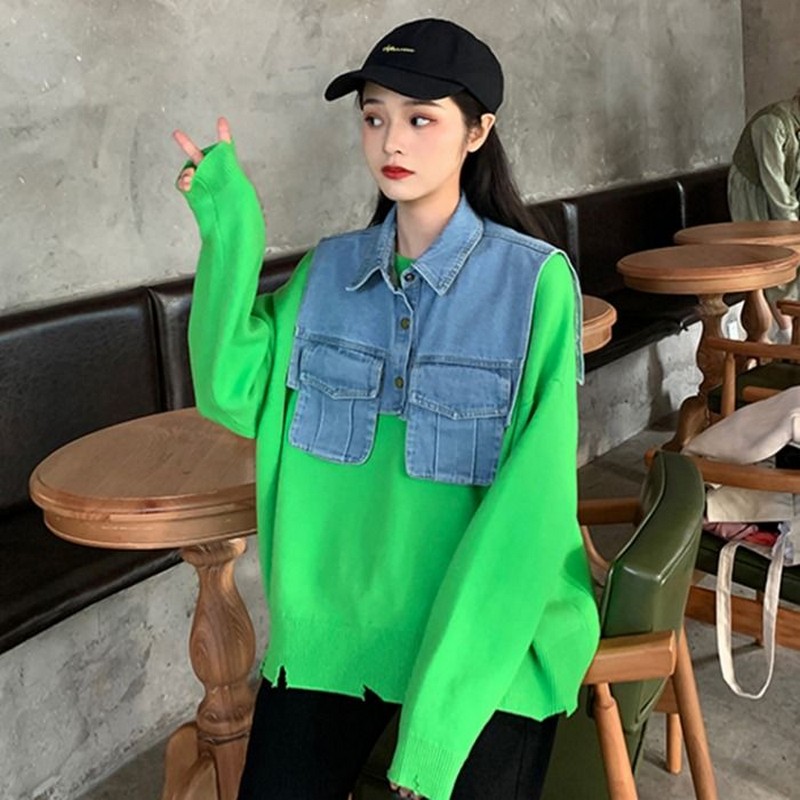 

long Sleeve Solid Sweater and Cowboy shawl turn down collar Sleeveless Vest 2 pieces sets Causal Sweaters for 2020 Autumn Women, Green