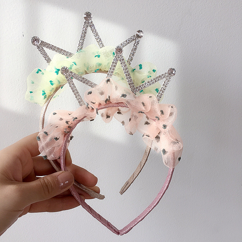 

Korean Children's Hairbands Cute Sweet Color Dots Gauze Rhinestones Crown Birthday Headband for Girl Fashion Hair Accessories