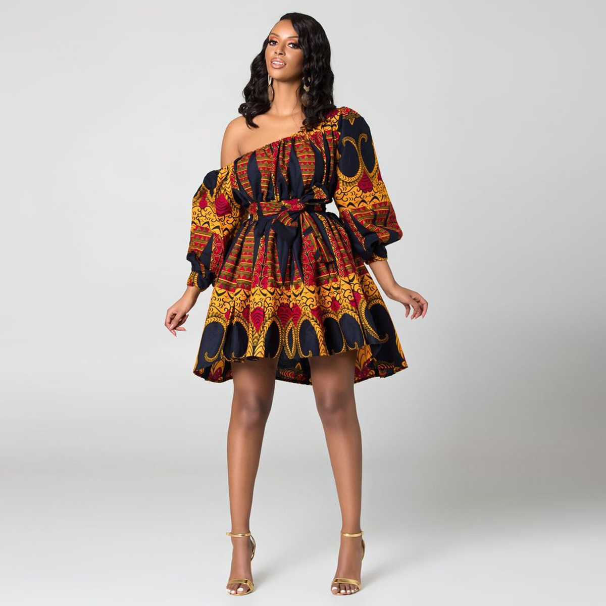 

Women' African Dress Traditional Africa Clothing Off Shoulder Dashiki Print Ankara Bandage Summer Half Sleeve Short Dresses, Gray