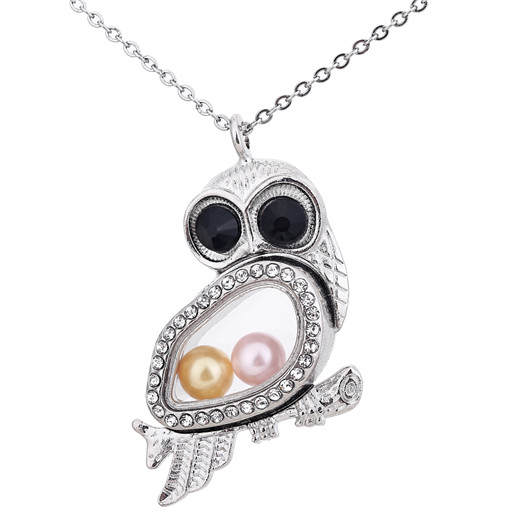 K1296 Silver Color With Rhinestone Owl Floating Glass Beads Cage Necklace 20"