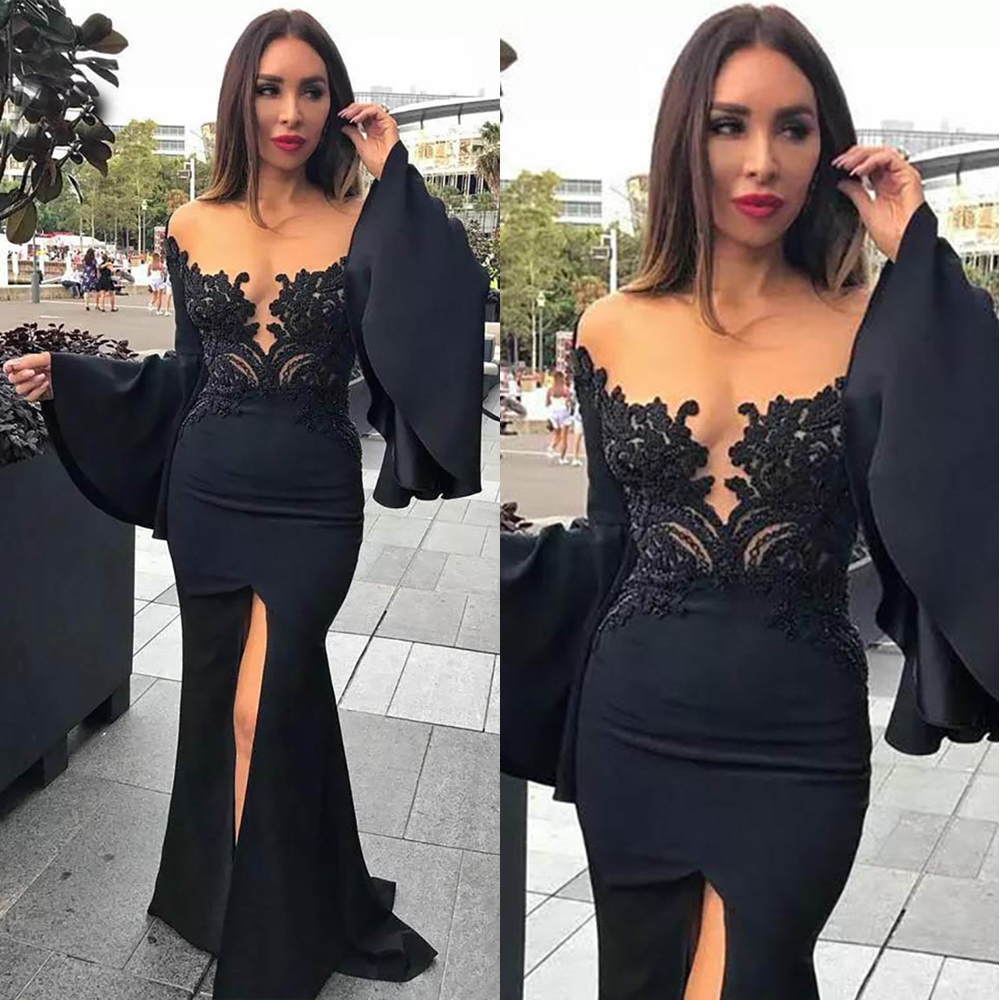 New Black Mermaid Evening Gown Prom Dresses Long Sleeve Satin Applique High Split Deep V-Neck Sweep Formal Dress Party Wear