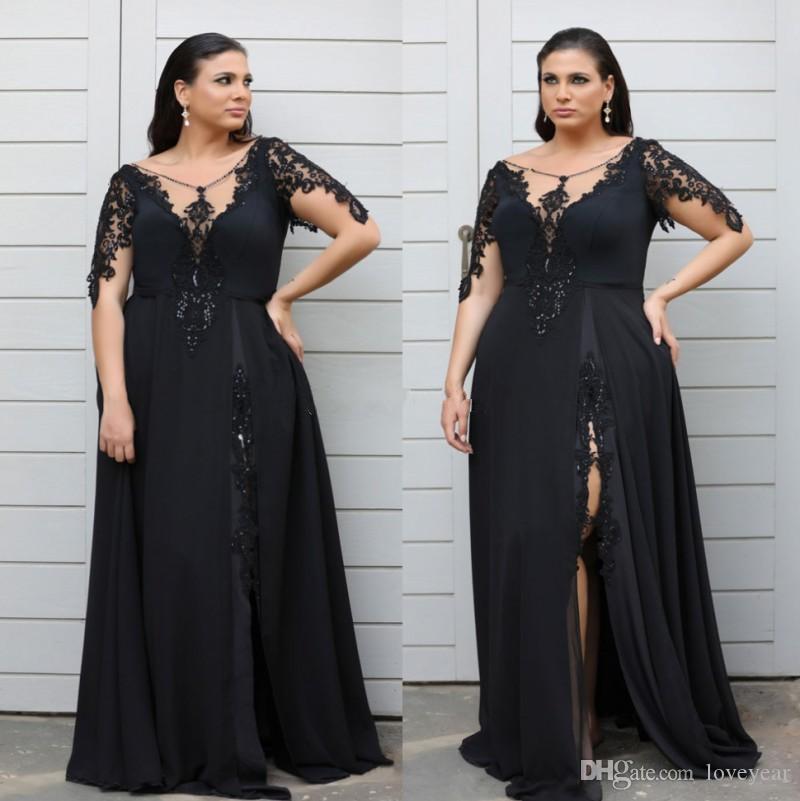 

2019 Black Plus Size Prom Dresses V Neck Lace Beaded Appliqued Short Sleeves Evening Dress Party Wear Side Split Special Occasion Gowns, Orange