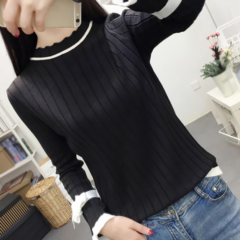 

Women Knitted Tops Autumn Casual Sweaters Long Trumpet Sleeve O-Neck Korean Style Jumper Pull Slim Clothing Feme, Black