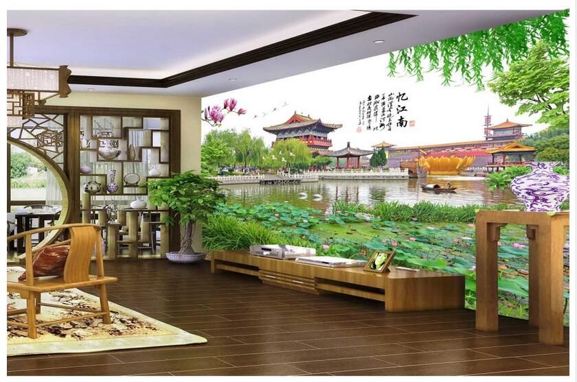 

3d wallpaper custom photo Chinese garden architecture lake lotus leaf scenery room office Home decor 3d wall murals wallpaper for walls 3 d, Non-woven