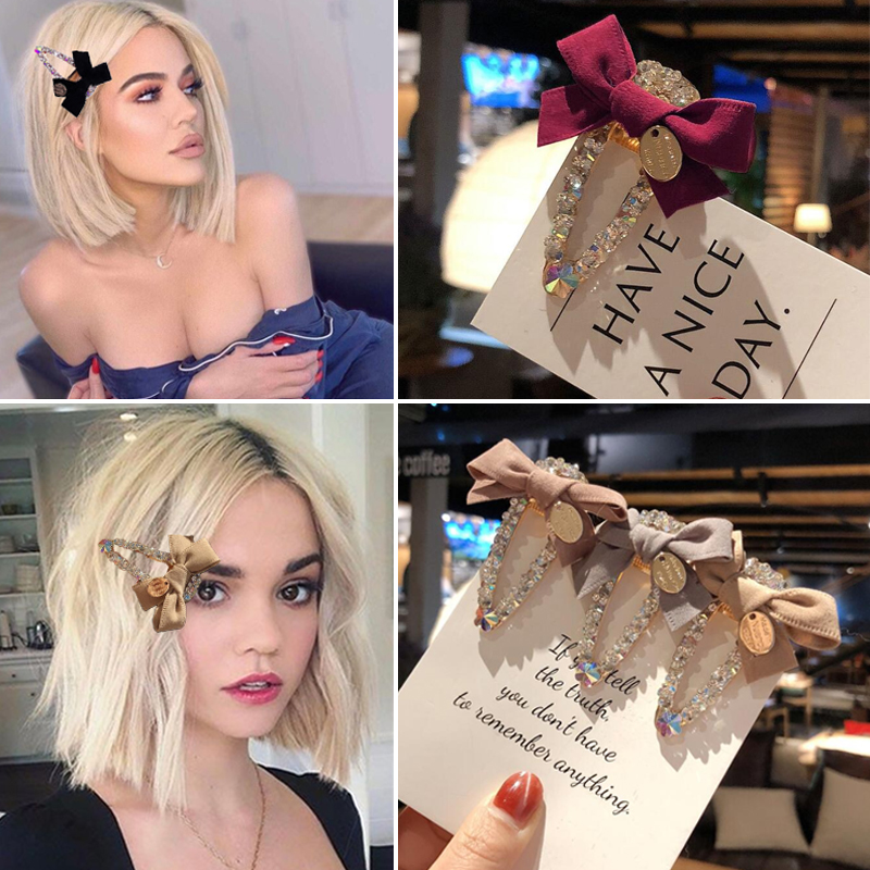 

Elegant Bow Rhinestone Hair Clip Women Metal Barrettes Crystal Hairgrips Waterdrop Hairpins Snap Clips Hair Accessories