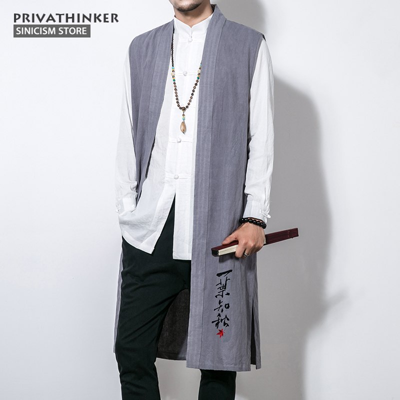 

Plus Cotton Linen Sleeveless Vest Men Embroidery Long Length Jackets Male Chinese Traditional Autumn Coat Men's Outerwear New