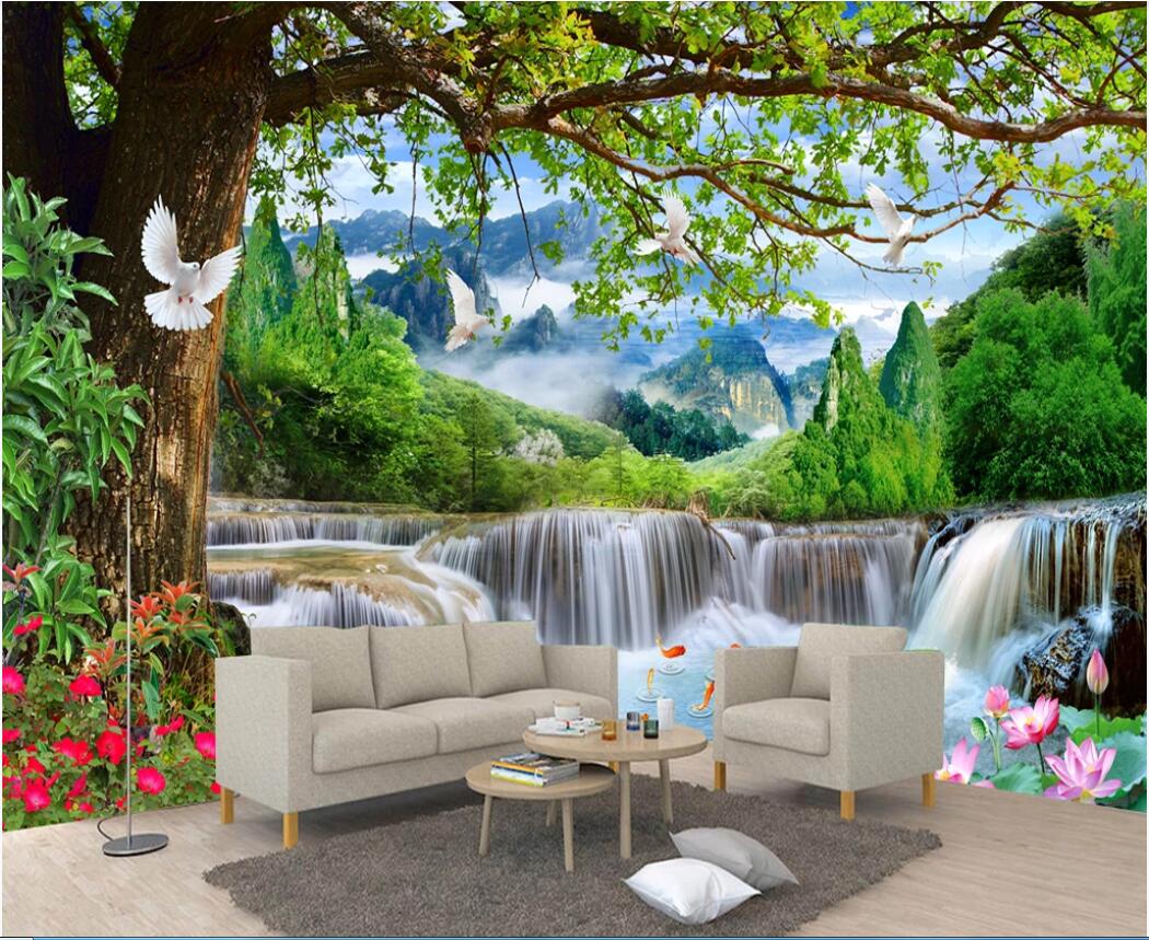 

3d wallpaper custom photo mural Simple leisure green tree forest waterfall landscape tooling background wall wallpaper for walls 3 d, Non-woven fabric
