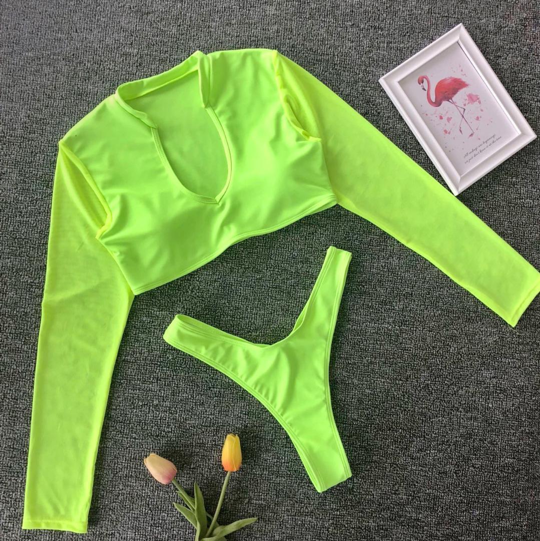 2020 Mesh Long Sleeve Neon Bikini Set Two Piece Swimsuits For Women Pad ...