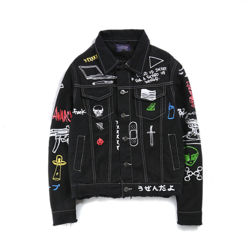 

Denim Jacket Men Women Hiphop Streetwear Punk Rave Steampunk Motorcycle Cowboy Graffiti Ripped Jacket Outwear Jeans EM222, Black