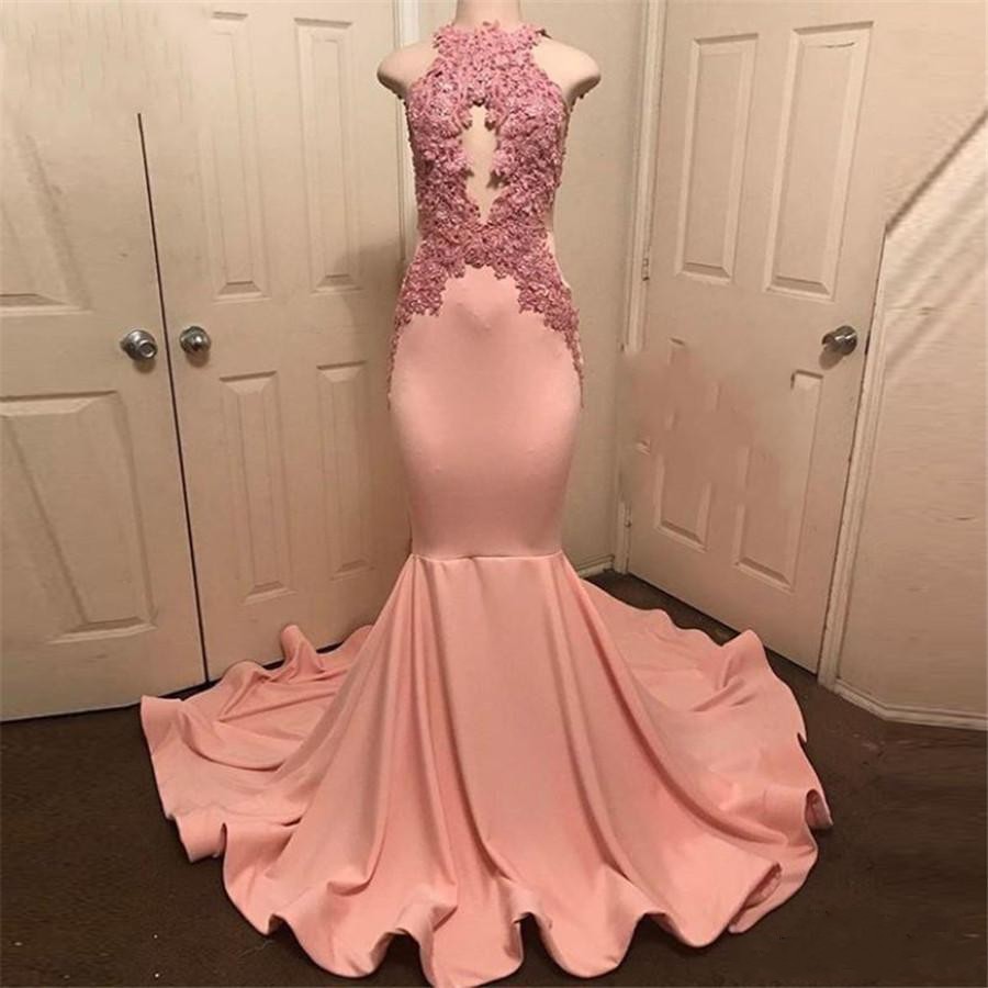 2020 Nouveau Arabe Blush Rose Sirène Robes De Bal Halter Keyhole Dentelle Appliques Sans Manches Dos Ouvert Plus La Taille Robes De Soirée Robe D