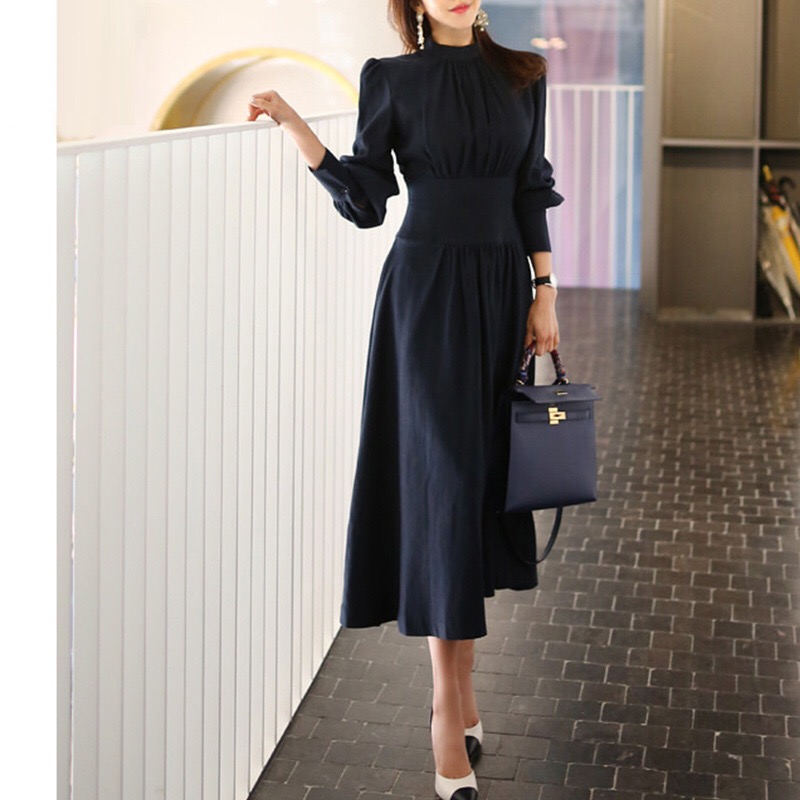 

JS147I-New product of autumn and winter 2019 professional temperament big brand standing collar waist closing dress, Black