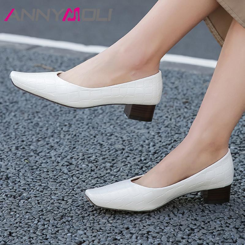 

ANNYMOLI Women Pumps Slip On Med Heels Shallow Block Heel Shoes Square Toe Pumps Dress Ladies Footwear Black Apricot White 34-46