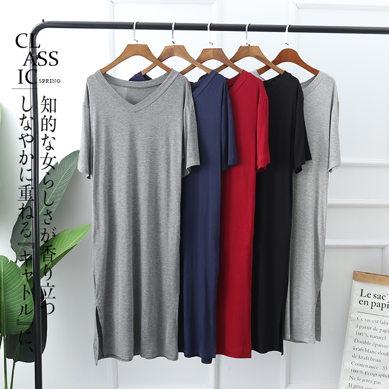 

Sexy Split Halter Nightdress Female Summer Modal Cotton Ice Silk Sleepwear Dress Thin Casual Loose Summer Bathrobe Nightgown, Black