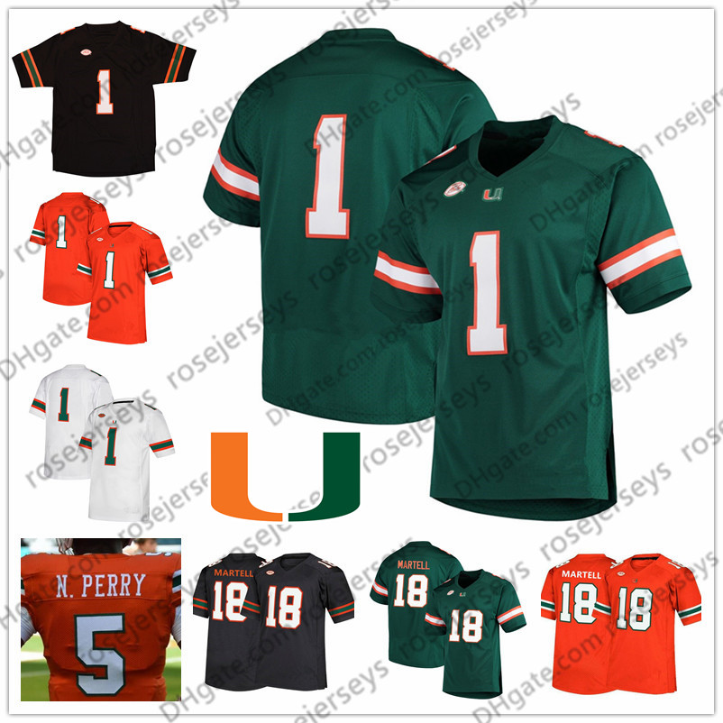 

Custom Miami Hurricanes 2019 Football Any Name Number Green Orange Black White 18 Tate Martell 5 Perry 15 Williams Gore Reed Hester Jersey, White vintage
