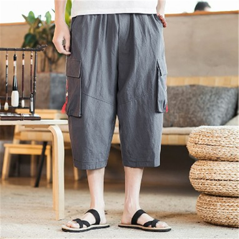 

Linen Pants Men 5XL Lantern Embroidery Calf-length Pant Male Summer Chinese Style Multi Pockets Breathable Sport Trouser RM50263, Black
