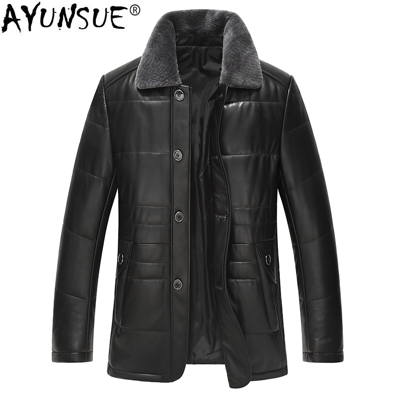 

AYUNSUE Genuine Leather Jacket Winter Down Jacket Men Lamb Fur Collar Sheepskin Coat Plus Size Chaqueta Hombre XGS5003 MY1408, Black