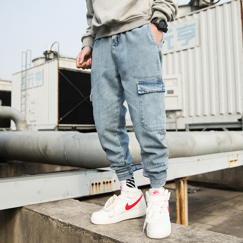 Vintage Fashion Washed Light Blue Denim Pants Men Hip Hop Cargo Pant Elastic Waist Joggers Jeans Male Harem Trousers