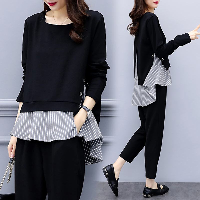

Plus Size XL-5XL Two Piece Sets Womens Outfits Black Elegance Korean Stitching Stripe Lady Office Wear Pants Suit Clothes, White
