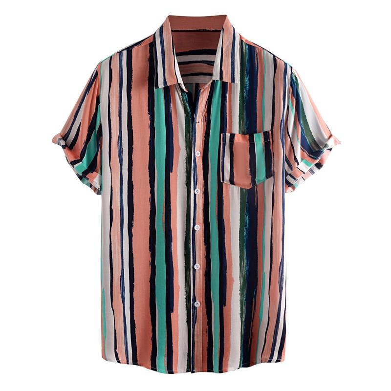 

2020 Mens Striped Printed Turn Down Collar Short Sleeve Casual Shirts Hombre