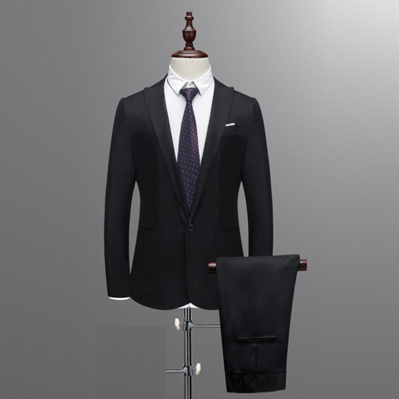 

Men's Slim Button Suit Pure Color Dress Blazer Host Show Jacket Coat & Pant #4D26, Black