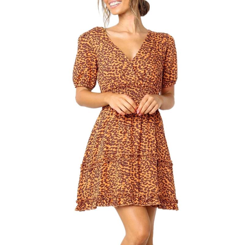 

Leopard Print Dresses For Women Sexy Womens Fashion Ladies Leopard Splice Print Fold V-neck Casual Dress Knee Length Dresses, Beige