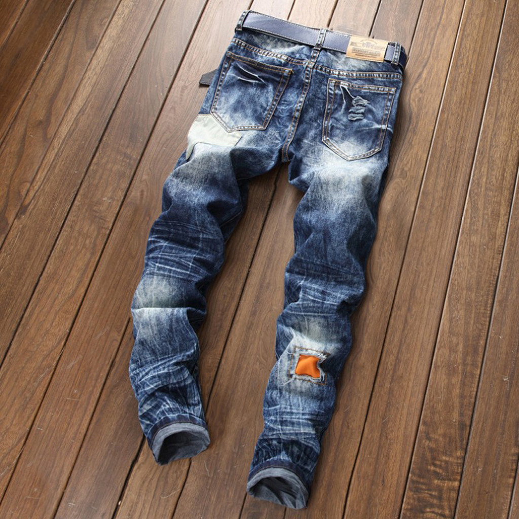 

Men's Zipper Slim Skinny Jeans Stretchy Ripped Stretchy Ripped Biker Jeans Destroyed Taped Slim Fit Denim Pants, Blue