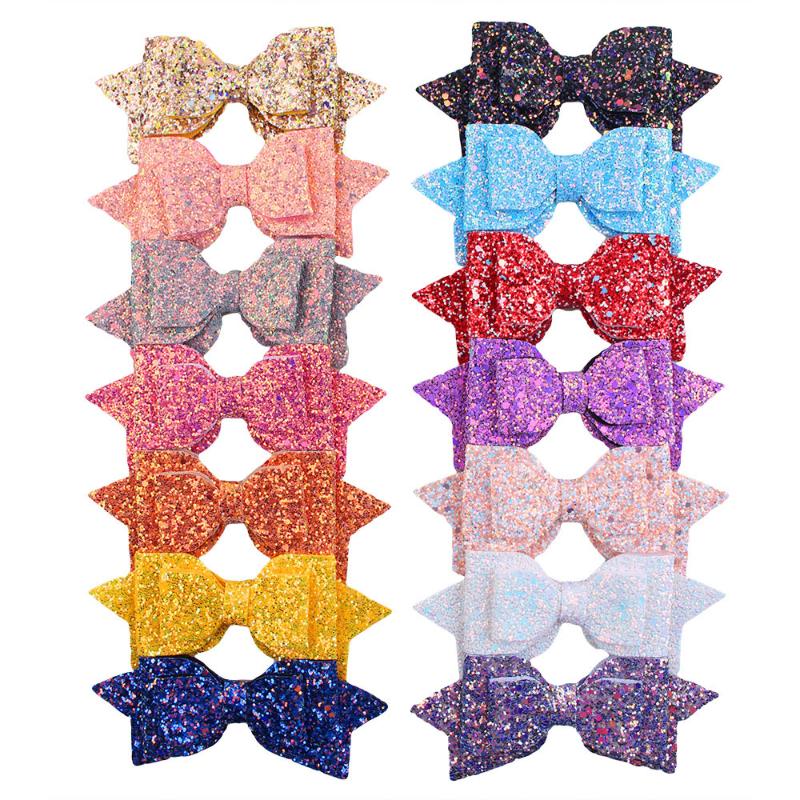 

14pcs/set 5inch Sequins Leather Hair Bows Clips Sparkly Glitter Kids Hairbows Hairpins Princess Party Headdress Hair Accessories, As pic
