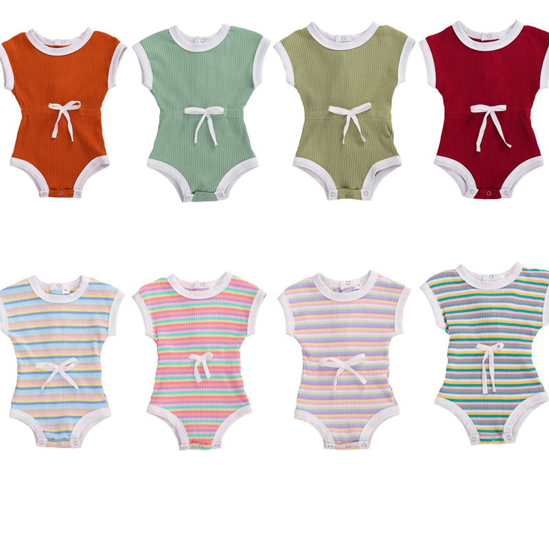 

Newborn Baby Clothing Summer Waist Bodysuits Solid/Rainbow Striped Print Sleeveless Jumpsuits Baby Boy Girl Ribbed Outfits 0-24M