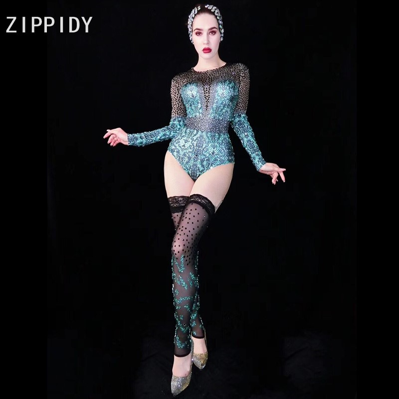 

Blue Black Rhinestones Printed Bodysuit Mesh Leggings Bar Dance Singer Evening Stage Wear Prom Birthday Celebrate Outfit, Pic color
