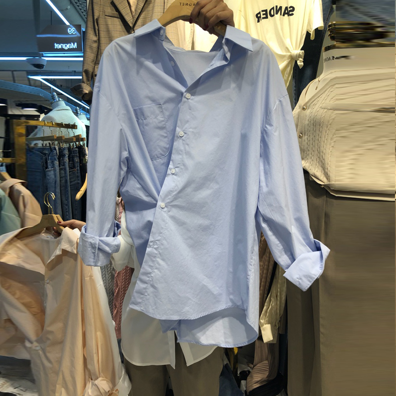 

KYMAKUTU 2020 Asymmetry Solid White Blouse Women Tunic Elegant Korea Fashion Ladies Shirt Loose Wild Casual Shirts Female Top, Blue