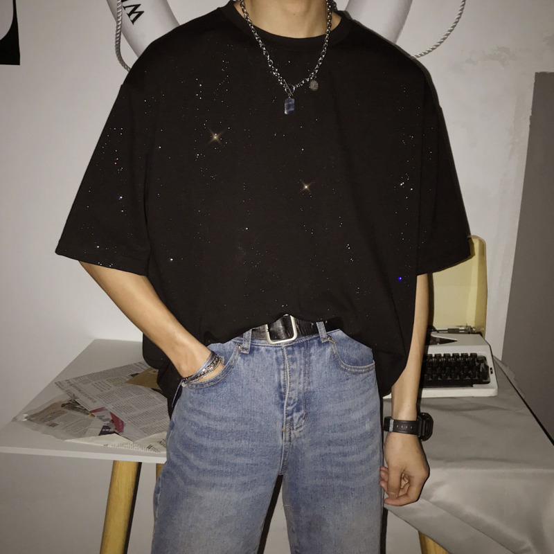

Summer Bright Color T Shirt Men' Fashion Solid Color Casual Loose Hip-hop T-shirt Men Streetear Short-sleeved Tshirt Mens Tops, Black
