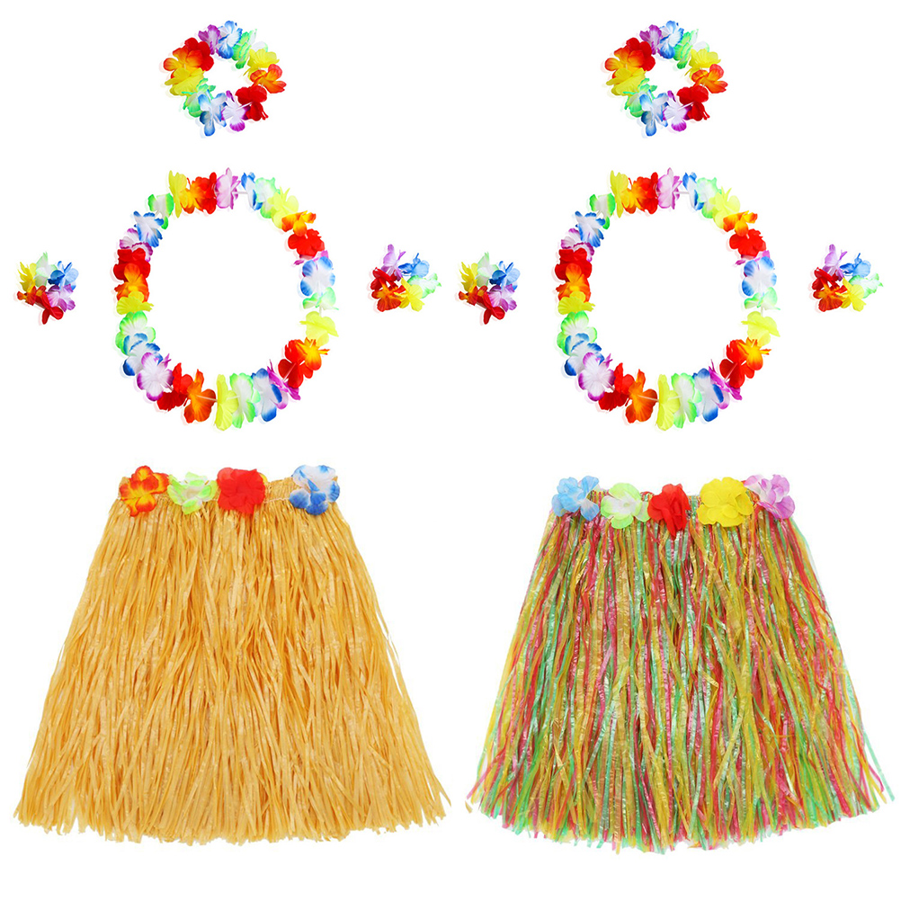 

2 Sets Hawaii Hula Grass Dance Skirt Tropical Flower Bracelets Headband Necklace Set for Hawaii Party, As pic