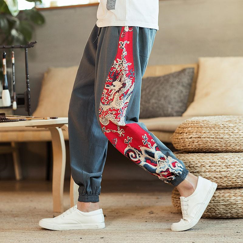 

Jogger Chinese Style Printing Stitching Nine Points Pants Harem Pants Spring Men's Loose Casual Personality Tide, Black