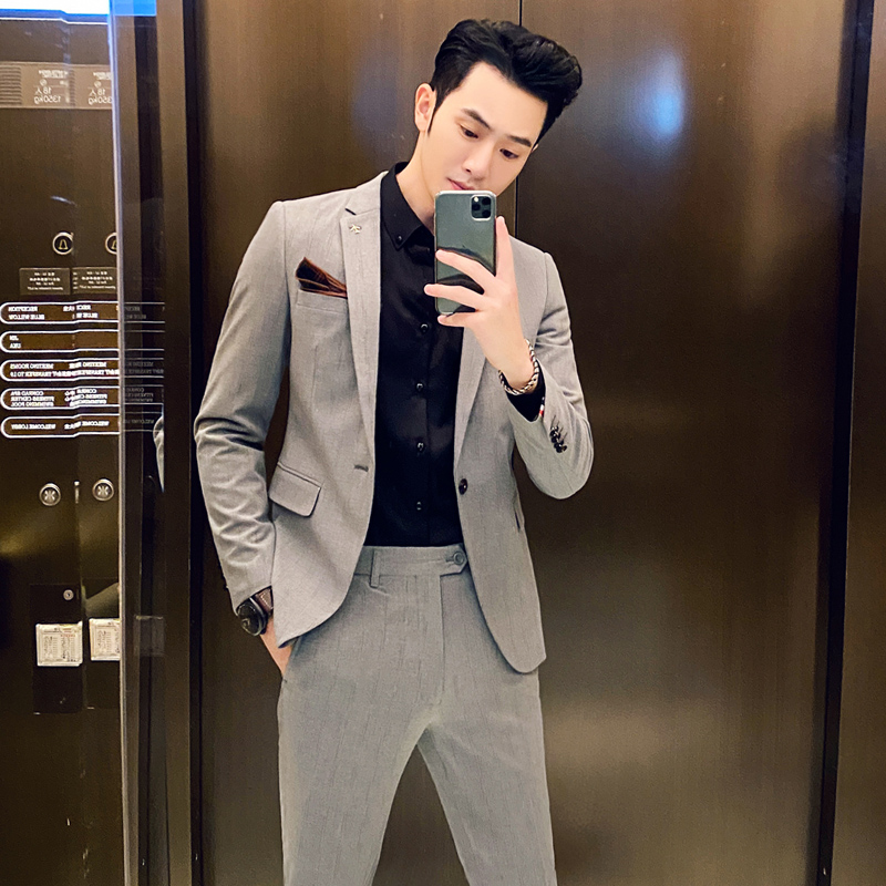 

Jacket + Pant Two-piece Suits Blazers Coat Trousers One Button New Spring Men Business Slim Suit Sets Wedding Dress, Dark grey
